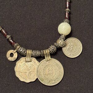 Vintage Fashion Necklace Short Coins Red Tones